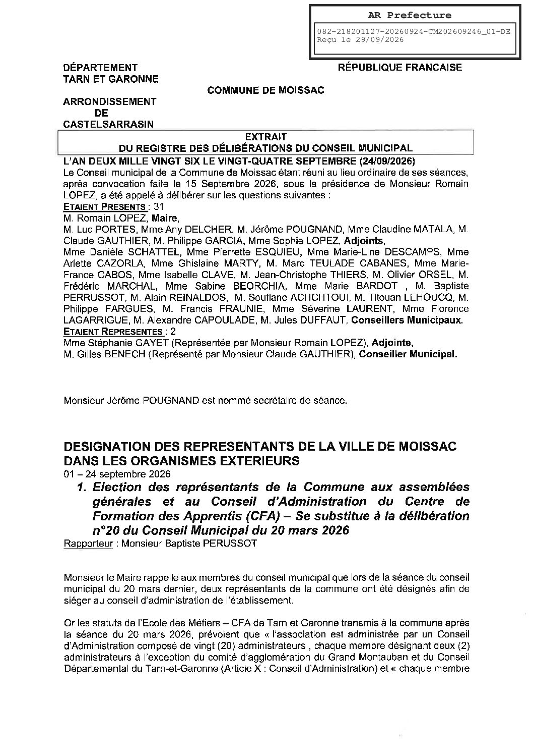 20260924.01 ELECTION DES REPRESENTANTS DE LA COMMUNE AU CENTRE DE FORMATION DES APPRENTIS (CFA)