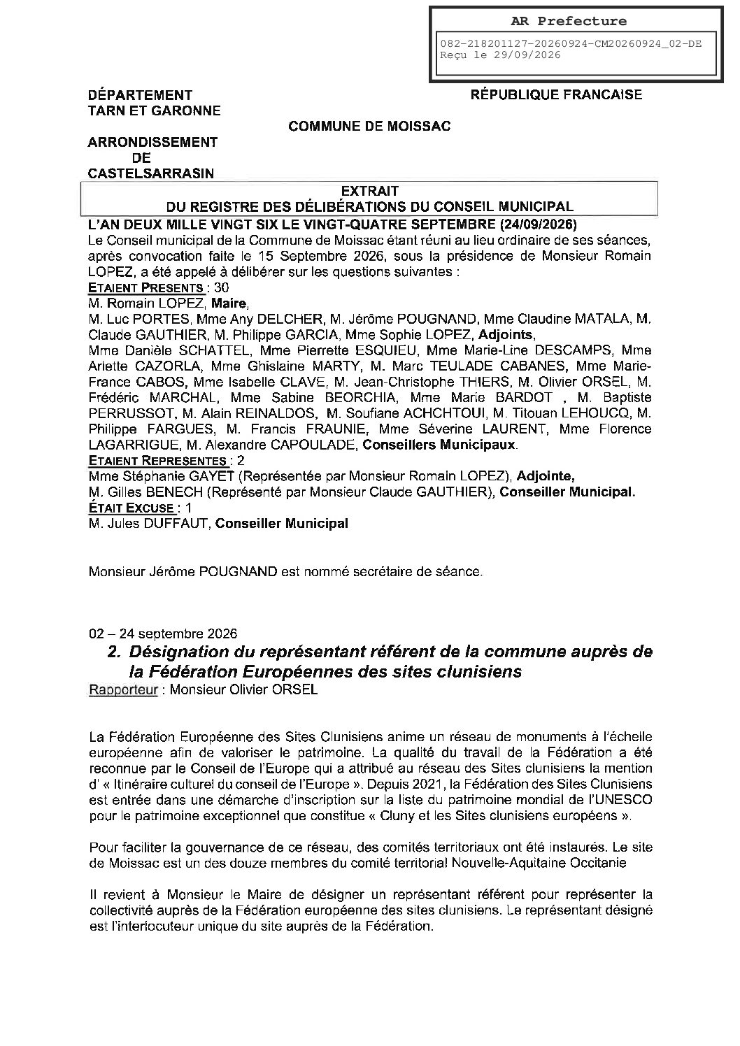 20260924.02 DESIGNATION DU REPRESENTANT DE LA COMMUNE AUPRES DE LA FEDERATION EUROPEENNE DES SITES CLUNISIENS