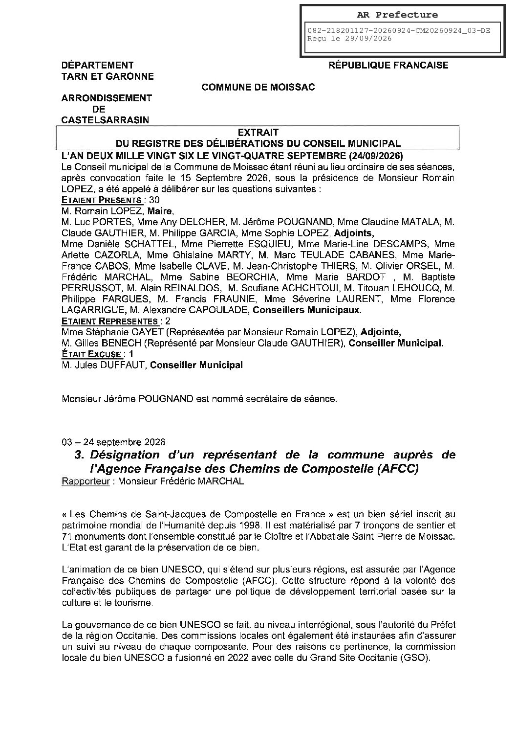 20260924.03 DESIGNATION D UN REPRESENTANT DE LA COMMUNE AUPRES DE L&rsquo;AGENCE FRANCAISE DES CHEMINS DE COMPOSTELLE