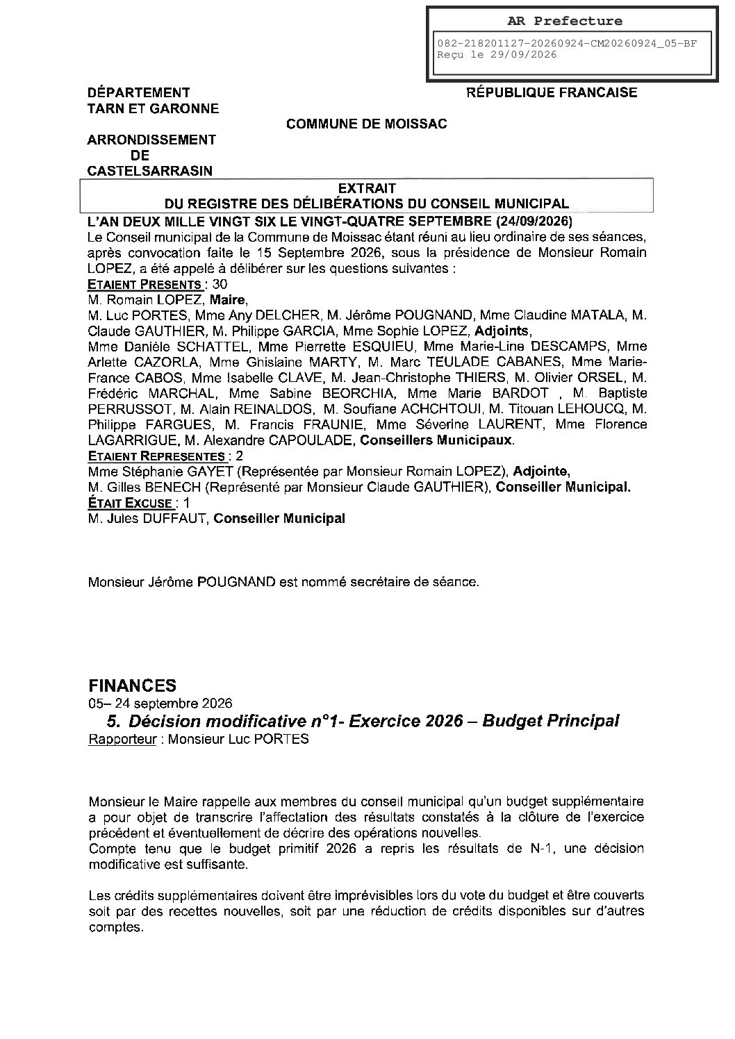 20260924.05 DECISION MODIFICATIVE N1 EXERCICE 2026 BUDGET PRINCIPAL
