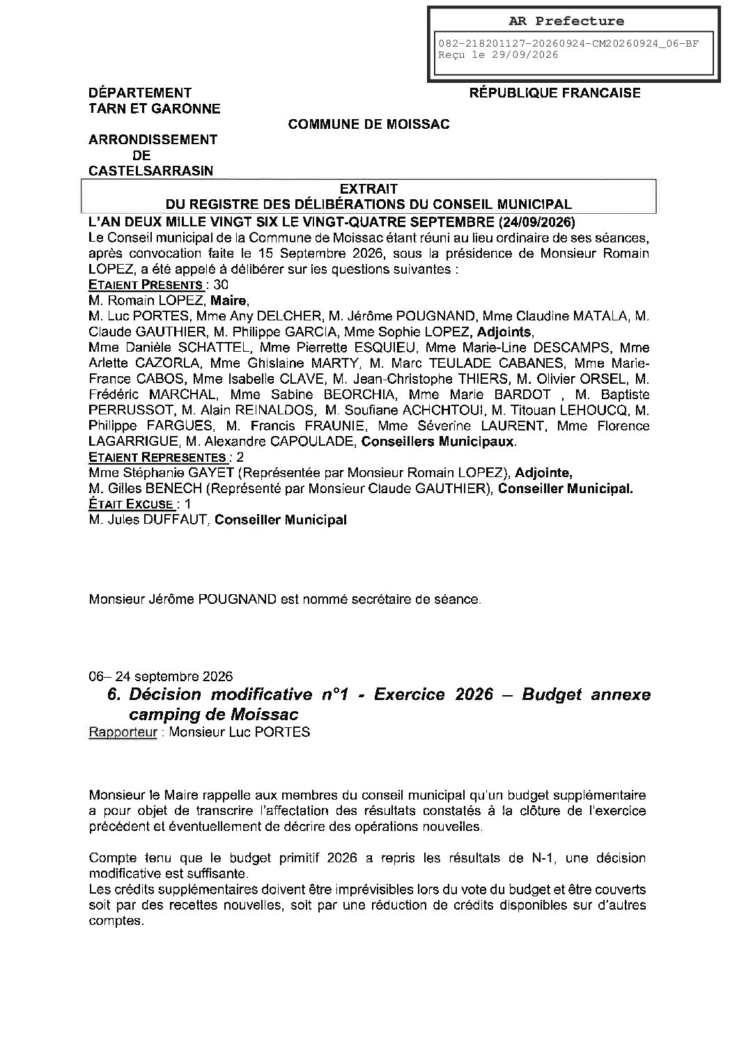 20260924.06 DECISION MODIFICATIVE N1 EXERCICE 2026 BUDGET ANNEXE CAMPING DE MOISSAC