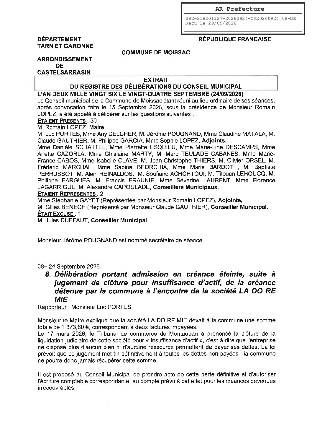 20260924.08 DELIBERATION PORTANT ADMISSION EN CREANCE ETEINTE SUITE A JUGEMENT DE CLOTURE POUR INSUFFISANCE D&rsquo;ACTIF