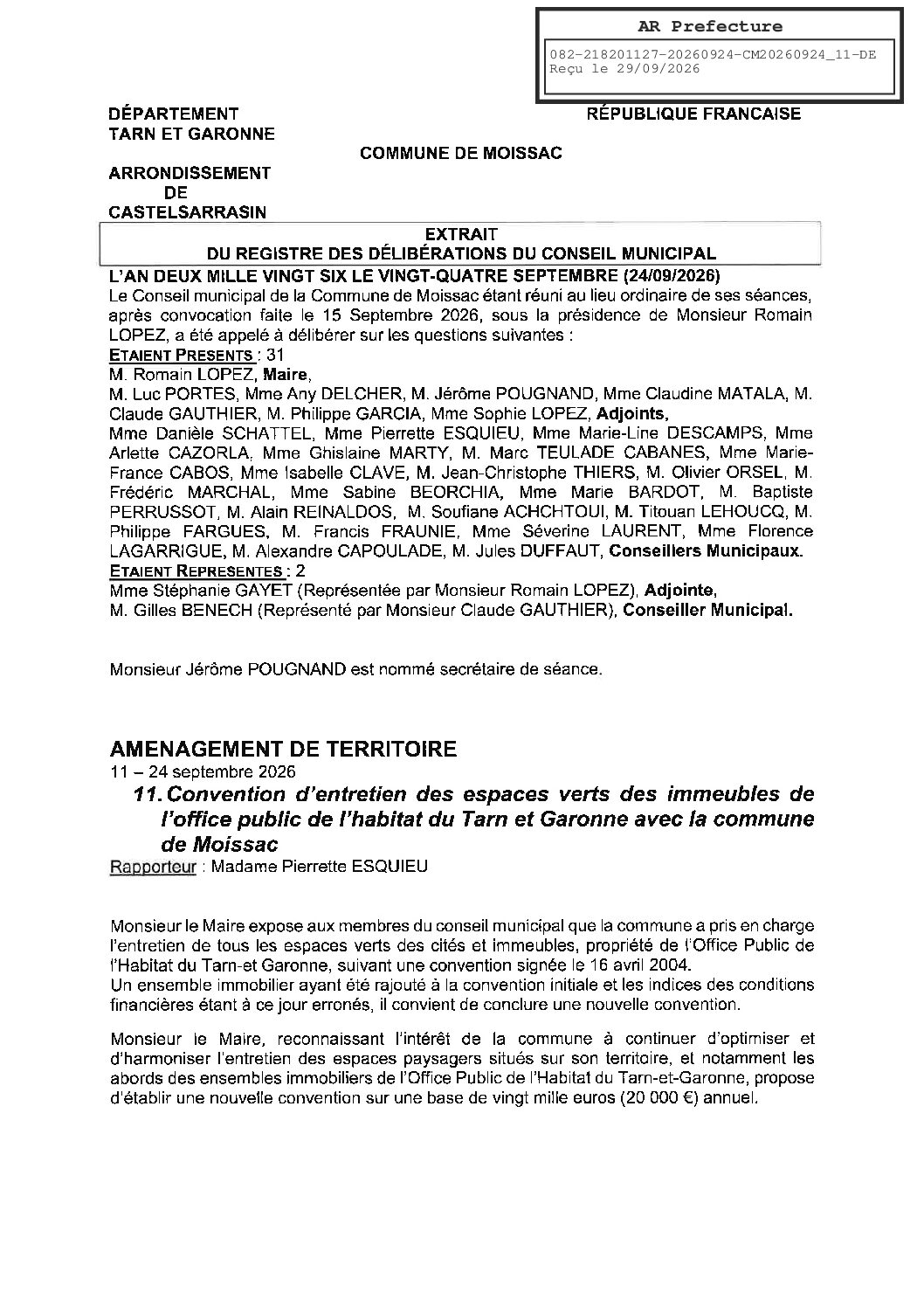 20260924.11 CONVENTION D&rsquo;ENTRETIEN DES ESPACES VERTS DES IMMEUBLES DE L&rsquo;OFFICE PUBLIC DE L&rsquo;HABITAT DU TARN ET GARONNE