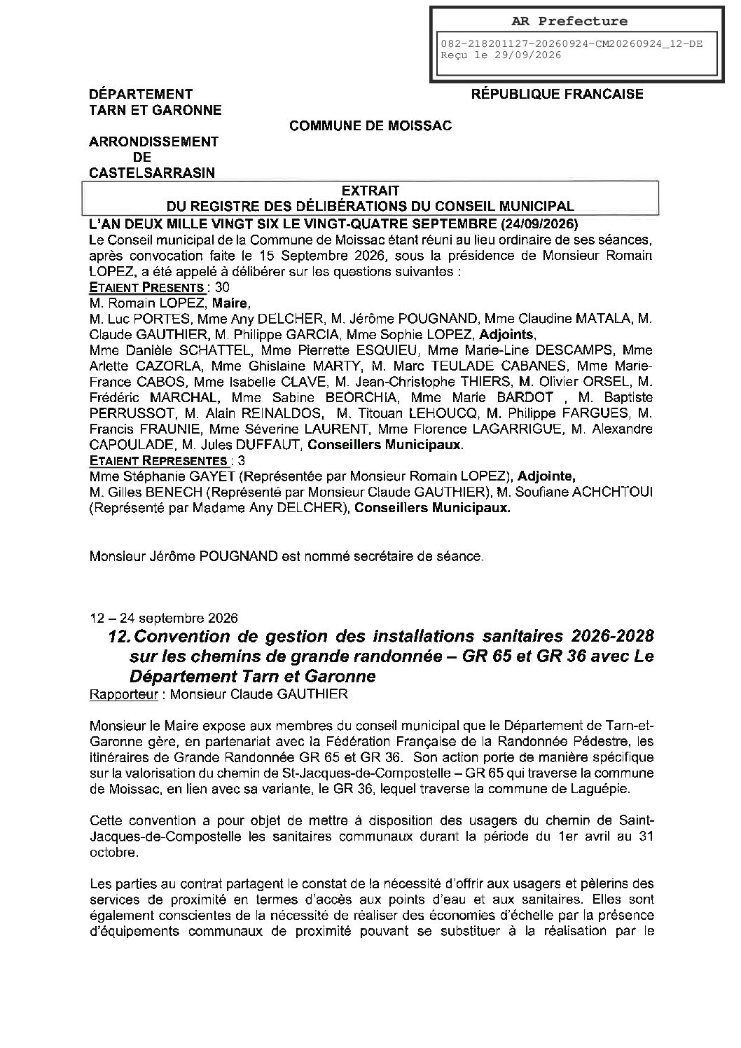 20260924.12 CONVENTION DE GESTION DES INSTALLATIONS SANITAIRES 2026 2028 SUR LES CHEMINS D EGRANDE RANDONNEE