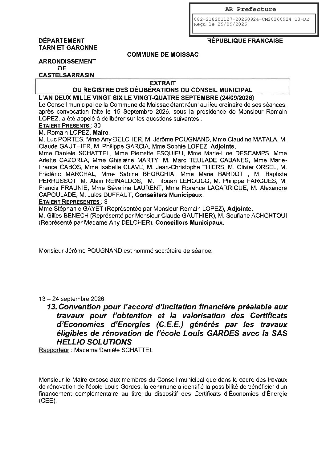 20260924.13 CONVENTION POUR L&rsquo;ACCORD D&rsquo;INCITATION FINANCIERE PREALABLE AUX TRAVAUX POUR L&rsquo;OBTENTION ET LA VALORISATION DES C.E.E
