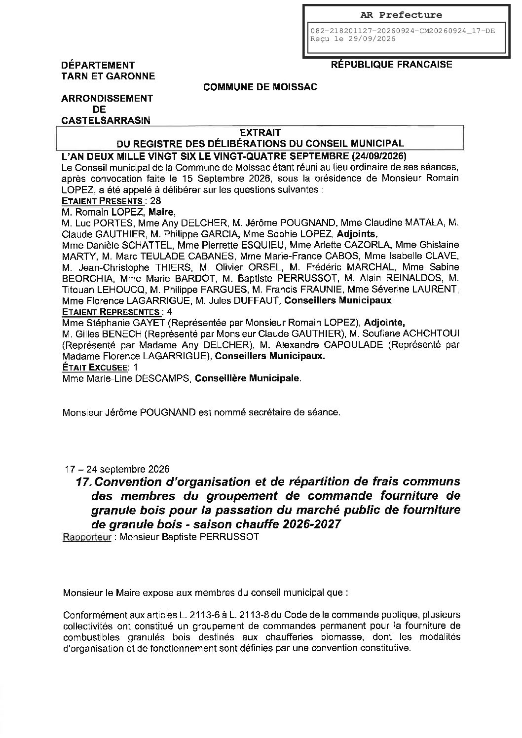 20260924.17 CONVENTION D&rsquo;ORGANISATION ET DE REPARTITION FRAIS COMMUNS MEMBRES DU GROUPEMENT DE COMMANDE FOURNITURE GRANULE BOIS