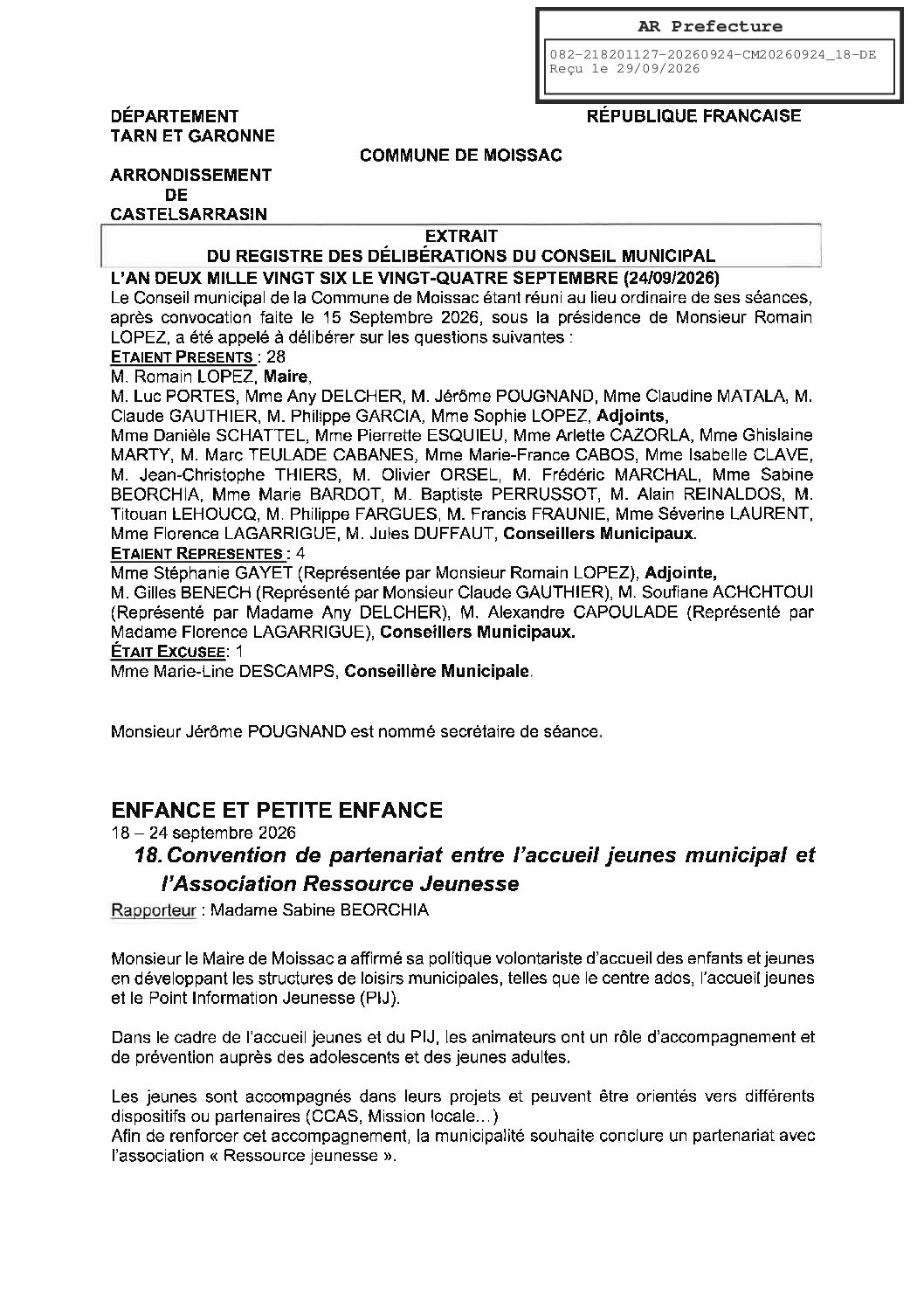 20260924.18 CONVENTION DE PARTENARIAT ENTRE L&rsquo;ACCUEIL JEUNES MUNICIPAL ET L&rsquo;ASSOCIATION RESSOURCE JEUNESSE