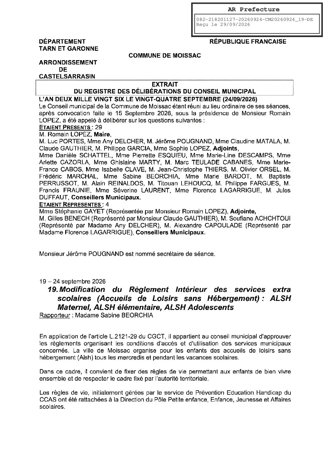 20260924.19 MODIFICATION DU REGLEMENT INTERIEUR DES SERVICES EXTRA SCOLAIRES