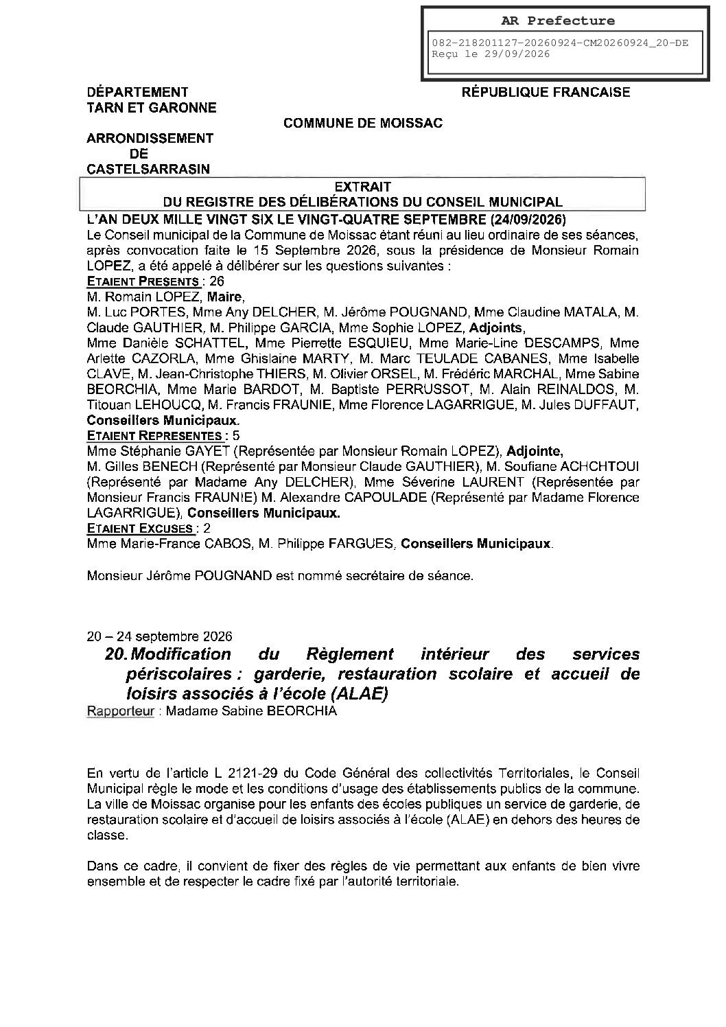 20260924.20 MODIFICATION DU REGLEMENT INTERIEUR DES SERVICES PERISCOLAIRES