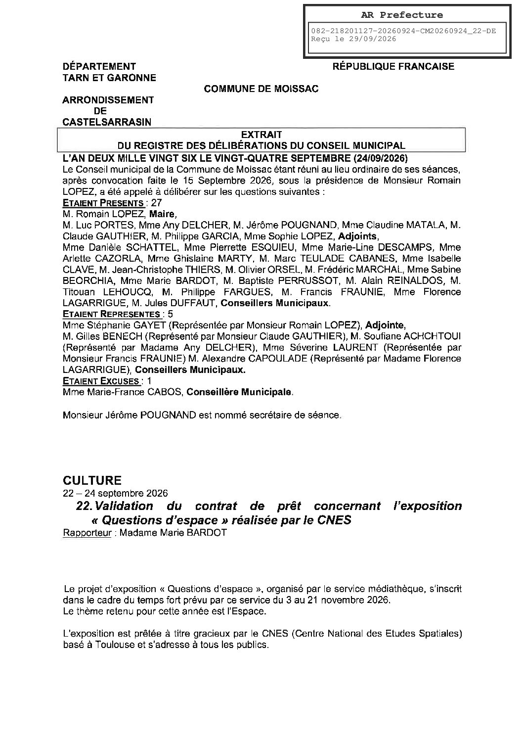 20260924.22 CONTRAT DE PRET CONCERNANT L EXPOSITION QUESTION DESPACE REALISEE PAR LE CNES
