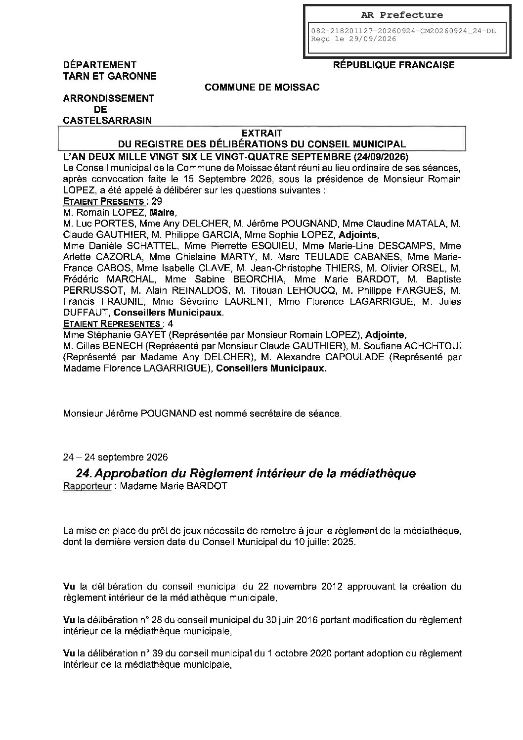 20260924.24 APPROBATION DU REGLEMENT INTERIEUR DE LA MEDIATHEQUE