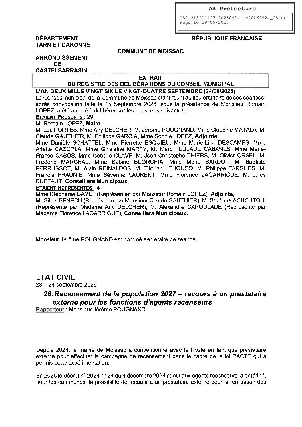 20260924.28 DELIBERATION PORTANT SUR LE RECENSEMENT DE LA POPULATION 2027 RECOURS A UN PRESTATAIRE EXTERNE